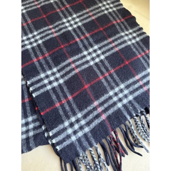 Burberry Vintage Navy Blue Plaid Cashmere Long Scarf with Fringe - Picture 4 of 4